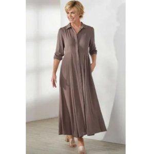Soft Surroundings Laurel Maxi Shirtdress 3/4 Sleeve Button Down Cocoa Tall Small